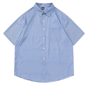 Camicia Casual da uomo a maniche corte <span class=keywords><strong>blu</strong></span> con colletto ribaltabile stampato a strisce verticali nuovo Design di coppia allentata per l'estate - Product Image 1