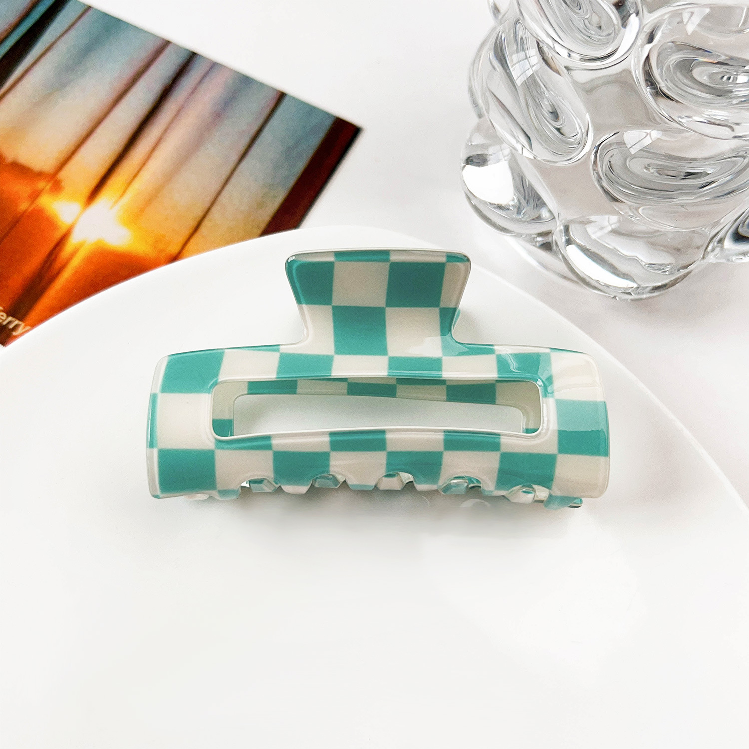 8cm Long blue and white check