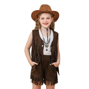 Ensemble gilet à franges et short pour filles, <span class=keywords><strong>costume</strong></span> de <span class=keywords><strong>cowgirl</strong></span> en daim marron, tenue de performance ethnique western bohème hippie pour enfants - Product Image 2