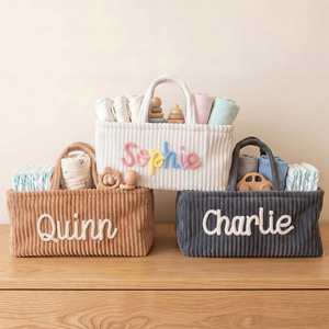 Personalized Name Corduroy Storage <b>Basket</b>, Nursery Decor, <b>Laundry</b> Hamper, 3D Yarn Name, Soft, <b>Foldable</b>, Housewarming Gift - Product Image 1
