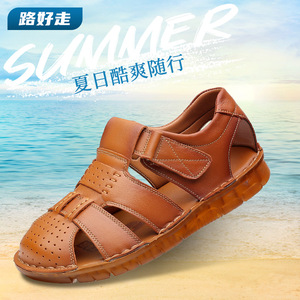 Summer Men's Closed Toe Cross Strap Sandals Genuine Leather Breathable Rubber Sole Casual Outdoor <b>Shoes</b> - Product Image 1