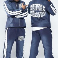 Baju Olahraga Sepakbola Vintage, baju olahraga pria Hoodie Set cuci asam Blu abu-abu