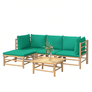 Ensemble de salon de jardin en bambou avec coussins en polyester vert, meubles d'extérieur de style tropical, 4 places, résistant aux intempéries - Product Image 1