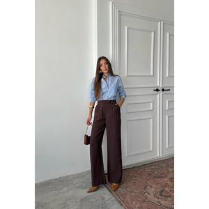 Pantalones de mujer marrones al por mayor, transpirables, acampanados, con cintura elástica, de cintura alta, de manga larga, estilo casual de oficina, coloridos - Product Image 5