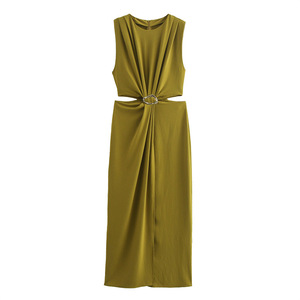 <span class=keywords><strong>Robe</strong></span> midi <span class=keywords><strong>chic</strong></span> à découpes à la taille 2026 sans manches avec boucle métallique et plis sur le devant, <span class=keywords><strong>robe</strong></span> de soirée décontractée - Product Image 4