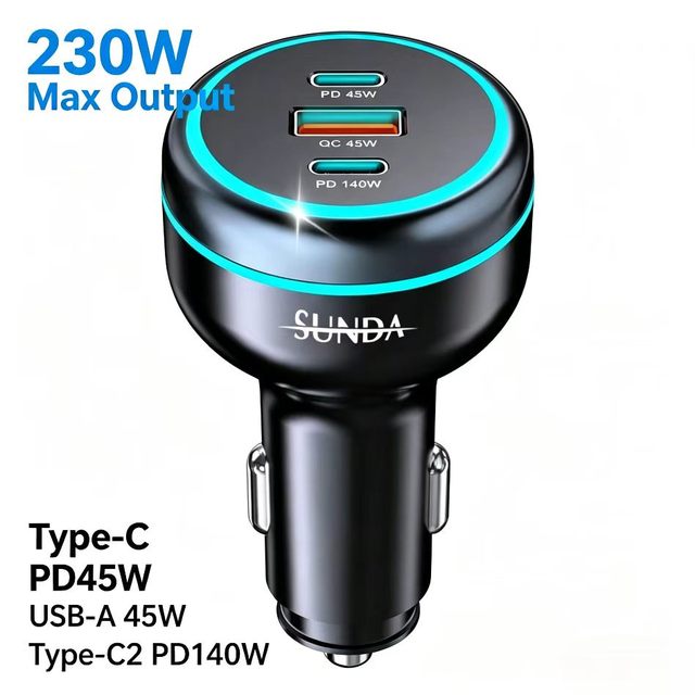 SUNDA Factory Wholesale 230W PD3.1 140W PPS 100W PD QC 33w Fast Charging USB Type c Car Laptop Phone Charger for iphone Android
