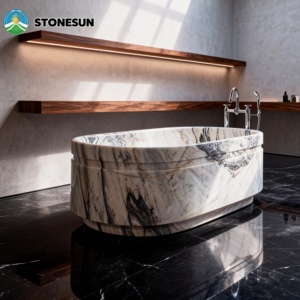 Baignoire ronde autoportante en pierre naturelle StoneSun Calacatta Viola, baignoire en marbre pour salle de bain à domicile - Product Image 1