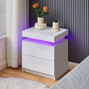 <span class=keywords><strong>Table</strong></span> de chevet blanche haute brillance, meuble de chambre à coucher en bois avec éclairage LED, <span class=keywords><strong>table</strong></span> d'appoint - Product Image 3