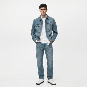 Veste en jean vintage pour homme, coupe slim décontractée bleu classique, avec capuche, col montant et poches avant, idéale pour l'automne/hiver – Vente en gros - Product Image 1
