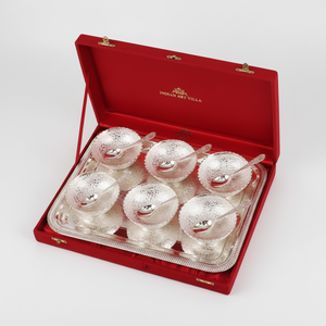 IndianArtVilla Juego de 6 cuencos pulidos de chapado en oro plata pura, servicio con 6 cucharas 1 bandeja para uso doméstico en restaurante - Product Image 1