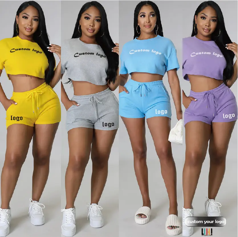 Conyson Wholesale custom logo Women's Outfit Short Sleeve Tops Shorts 2 Piece Set Tracksuit Casual Wear Athleisure Shorts Set