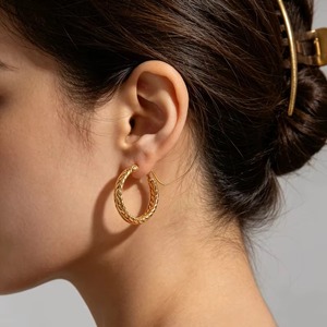 Pendientes de Aro Trenzados de Acero Inoxidable para Mujer, Chapados en Oro de 18K, Joyería Circular para Oreja - Product Image 6