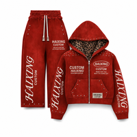 Ensemble survêtement streetwear personnalisé 100 % coton, coupe oversize, délavé à l'acide, avec fermeture éclair et strass, pantalon de survêtement et sweat à capuche effet vieilli vintage pour homme