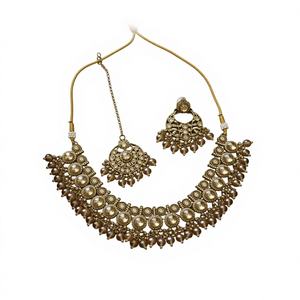 Designer Party Wear <b>Antique</b> <b>Gold</b> Plated Zircon Jewelry Traditional Beautiful Design Simple Choker Necklace Set Earring Women - Product Image 1