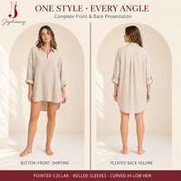 Chemisier en lin pour femme personnalisé par Joydressing Factory, style décontracté uni, coupe ample, épaules tombantes, manches retroussables, boutons, OEM ODM