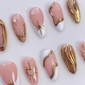 10 <span class=keywords><strong>Uñas</strong></span> Postizas Francesas Color <span class=keywords><strong>Rosa</strong></span> Nude Almendrado <span class=keywords><strong>con</strong></span> Línea Dorada Metálica, Estrella y Corazón, <span class=keywords><strong>Uñas</strong></span> Postizas <span class=keywords><strong>con</strong></span> Punta Brillante de Lujo, Pre-diseñadas y Adhesivas - Product Image 3