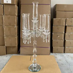 MH-TZ0593 đám cưới Bảng trang trí 5 Arms pha lê nến với Glass Hurricane cup