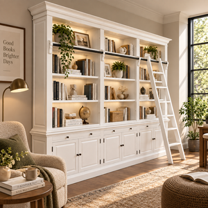 Estantería Blanca Estilo Rústico con Escalera y Almacenamiento, Mueble Independiente para Sala de Estar, Gabinete de Madera, Diseño Moderno - Product Image 1