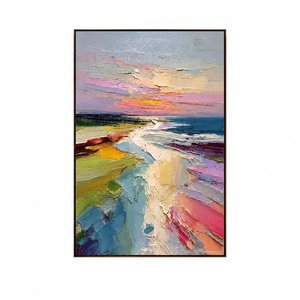 Dipinto a Olio Astratto Personalizzato su Tela, Tramonto sulla Costa Rosa Viola Blu, Arte Murale a Impasto per Soggiorno e Arredamento Casa - Product Image 1