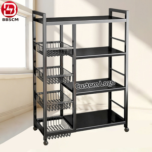 Étagère de rangement multi-niveaux <span class=keywords><strong>sur</strong></span> pied pour cuisine avec panier à roulettes rotatif, étagères métalliques à 4 niveaux pour la maison - Product Image 3