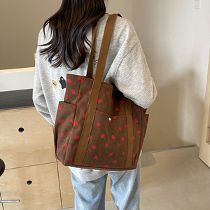 Custom Logo New Womens Corduroy <b>Foldable</b> Tote <b>Bag</b> Large Capacity Ladies Shopping Beach Shoulder Length Handle Zipper Closure - Product Image 2