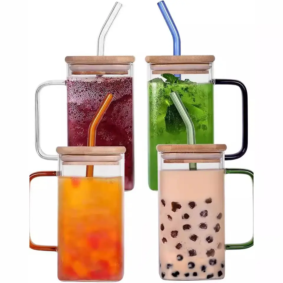 Hot Sale 510ml 17oz Square Glass Drinking Cup with Colorful Handle Bamboo Lid and Glass Straw for Beer Juice Milk-for Parties
