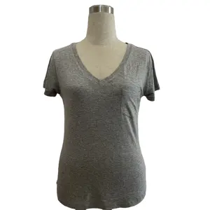 2022 New Fashion V-Neck with Pocket Rayon Cotton Women T-shirt in Stock with Good Price