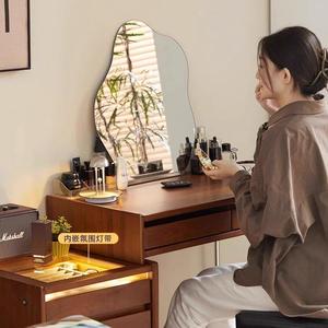 Solid Wood Dressing <b>Table</b> Nordic Retro Style Extendable Storage Bedroom Makeup <b>Vanity</b> With Light - Product Image 1