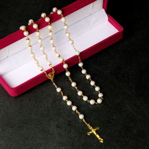 Rosario Clásico de Cuentas de Vidrio Blanco con Collares de Cuentas Chapados en Oro para Regalo Católico - Product Image 2