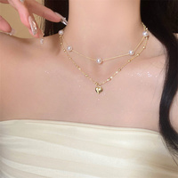 Élégant Double Couche Perle Amour Colliers Ras Du Cou pour Femmes Bijoux De Noce Cadeau Coeur Pendentif Collier