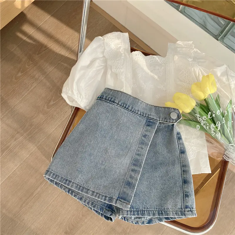 Summer New Girls' Korean Fashion Two Piece Lace Top and Jeans Set