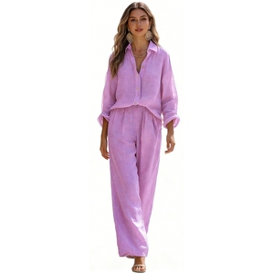 Women's Coral Shirt & Wide-Leg <b>Pants</b> 2 Piece Set - Casual Summer Outfit Breathable Coord Fashion - Product Image 1