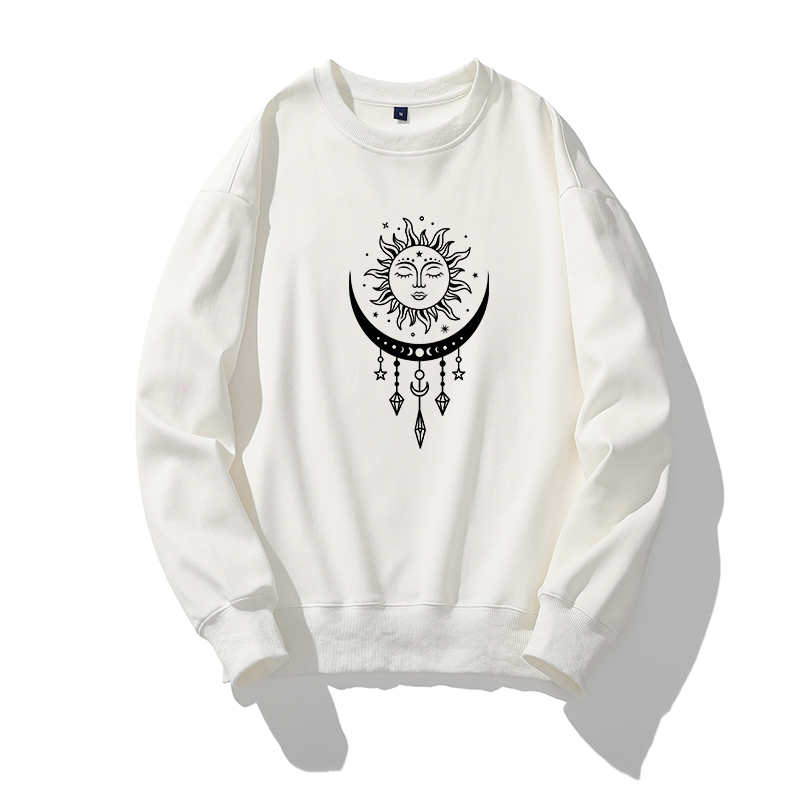 women's retro sun moon print hooded long sleeve dress