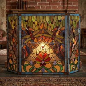 Stained Glass Fireplace <b>Screen</b> 3 Panels Dragonfly Design Traditional Decor Rectangle Shape Durable Artistic Decoration - Product Image 1