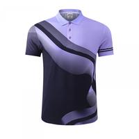 Kaos Polo Badminton Custom Halftone Stripe Lavender Navy Sublimasi Cepat Kering untuk Tim Tenis Meja