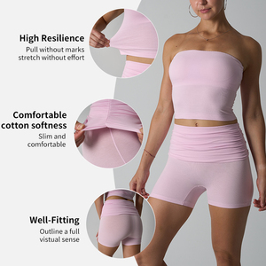 SK1345&1347 Completo Yoga in Cotone con <span class=keywords><strong>Reggiseno</strong></span> Imbottito e Pantaloncini, Top Senza Spalline Sexy e Pantaloncini, Set 2 Pezzi - Product Image 2