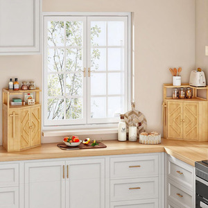 Mueble Esquinero de Bambú Estilo Boho con Puertas Talladas Geométricas, Estante de Especias de 2 Niveles para Encimera de Cocina, para Café - Product Image 6