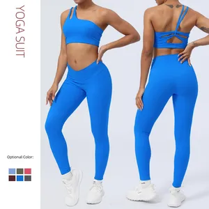 Nouveau femmes femmes grande taille évider sport soutiens-gorge Yoga costumes taille croisée Leggings de gymnastique une épaule soutien-gorge vêtements actifs vêtements d'entraînement