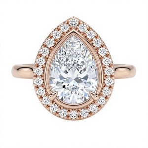 Anillo de Compromiso de Diamante Cultivado en Laboratorio con Corte de Pera y Halo de Diamantes Redondos, Chapado en Oro de 18K/14K para Mujer, Estilo Clásico, Regalo para Mujer - Product Image 3
