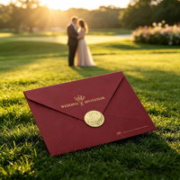 Ensemble d'invitations de mariage en papier coton de luxe avec cartes personnalisées, enveloppes bordeaux assorties et autocollants de scellage