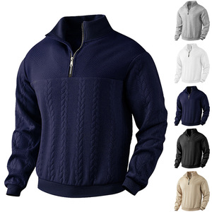 Sweat-shirt décontracté rétro pour homme, col montant zippé, tricot ample patchwork, manches longues, automne-hiver, extérieur - Product Image 3