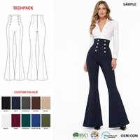 Pantalon évasé personnalisé OEM vert forêt, minimaliste, en crêpe respirant, avec bas évasé, poches plaquées rétro, en fibres recyclées, taille haute