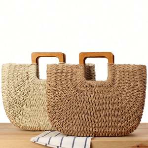 Sac de plage en paille fait main avec poignée en bois, grande capacité, pour l'été, avec port USB et GPS intégré, vente en gros - Product Image 1