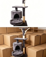 Arbre à chat compact avec niche ronde fermée, plateforme de repos, plusieurs colonnes à gratter en sisal et jouet d'agitation en forme de branche