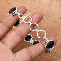 Bracelet chaîne et maillons pour femme, fait main, plaqué argent, avec pierre précieuse zircon noir, style tendance, en laiton, idéal pour un cadeau