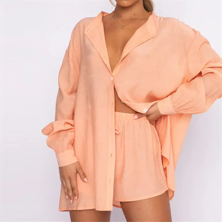 2022 Custom Spring Summer Vacation Plus Size 2 Piece Plisse Women Matching Outfits Linen Button Shirt And Shorts Sets