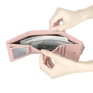 Portefeuilles courts en cuir véritable AndoBag avec blocage RFID, porte-monnaie pliable de couleur unie, porte-cartes triple pliage 1905 - Product Image 6