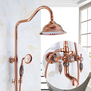 Ensemble de douche en laiton doré rose avec pierre de jade, style américain, pour colonne de douche européenne, avec bain froid et unité de filtration - Product Image 4