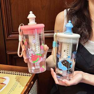 Bouteille d'<span class=keywords><strong>eau</strong></span> <span class=keywords><strong>portable</strong></span> en plastique sans BPA de 600 ml pour filles, avec paille et infuseur, motif dessin animé - Product Image 2