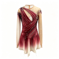 Costume de patinage artistique à manches longues pour enfants et adultes, robe en maille dégradée rouge vin avec strass pour spectacle sur glace et compétition